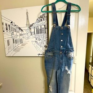 New denim overalls - decorative button front, fashion rips, cross strap back.